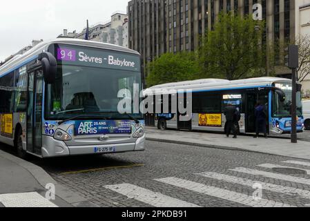 Paris, France. April 02. 2023. RATP public transport. Electric bus used to transport people. Stock Photo