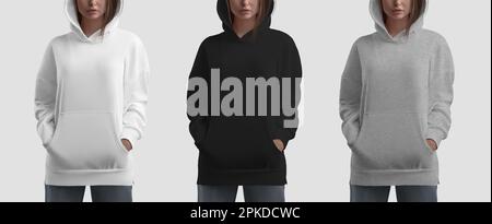 Mockup of fashion long hoodie with pocket on beautiful girl in hood, white, black, heather shirt, for design, commercial. Female streetwear template c Stock Photo