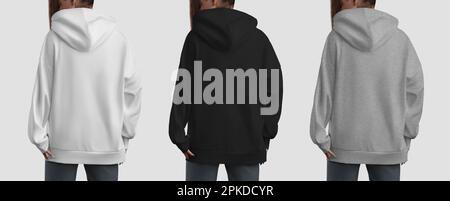 Mockup of white black heather long hoodie on hanger back view