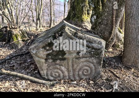 Đurići, Šekovići, Bosnia and Herzegovina – February 2023: Necropolis with medieval Stecak tombstones Bečani is inscripted as UNESCO world heritage sit Stock Photo