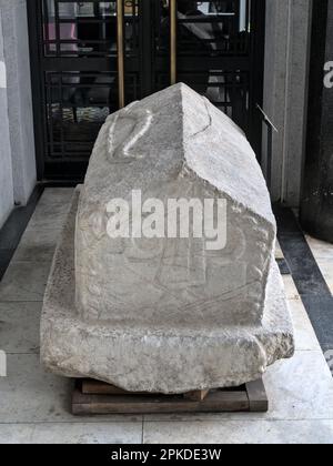 Belgrade, Serbia – February 2023: Medieval Stecak tombstones in front of the Ethnographic Museum Stock Photo