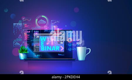 Webinar of technology web development. Laptop with education materials and programm interfaces on screen computer. Online tutorial of programming of a Stock Vector