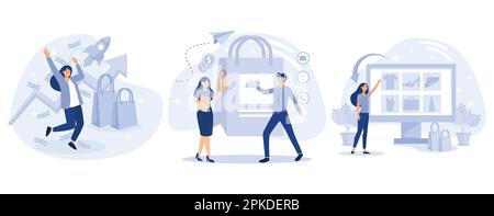 Marketing and sales concept, Upselling and clienting, webrooming and digital goods research, customer motivation, client loyalty, e-commerce. set flat Stock Vector