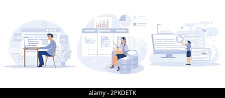 Website architecture concept, Web development, PHP and MySql, CMS content management system, interface design, software testing, set flat vector moder Stock Vector