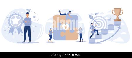 Social abilities concept. Honour and high moral principles, human relations, personal development, public respect, self improvement. set flat vector m Stock Vector
