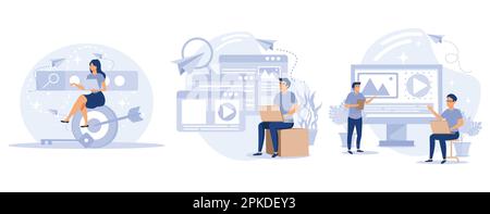 Professional SEO services concept. Keyword research, copy optimization, content plan, web campaign, search engine, online social media planner. set fl Stock Vector