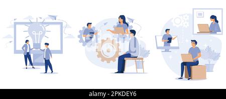 Business efficiency concept, Innovative solution, cooperation and workflow, idea management and productivity software, team communication. set flat ve Stock Vector