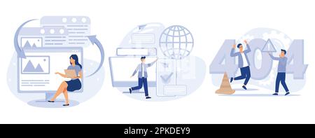 Web development concept. Microsite interface, cross-browser compatibility, 404 error, programming, company page, page not found. set flat vector moder Stock Vector