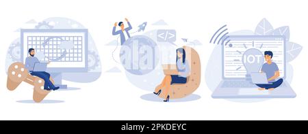 Programming team concept. Computer games, virtual world and IoT development, VR graphic design, testing and deployment, Internet of things. Stock Vector