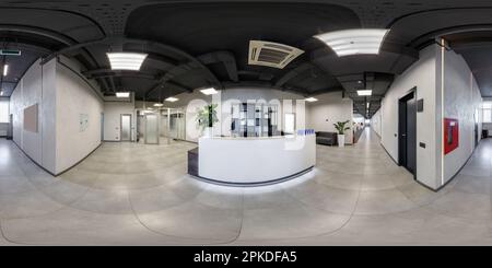 full seamless spherical hdri 360 panorama in corridor near reception of  modern coworking office in equirectangular projection. VR content Stock Photo