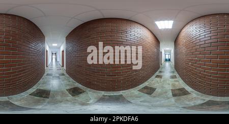 full seamless spherical hdri 360 panorama in interior of long narrow empty corridor room in modern apartments, office with many wooden doors and red b Stock Photo