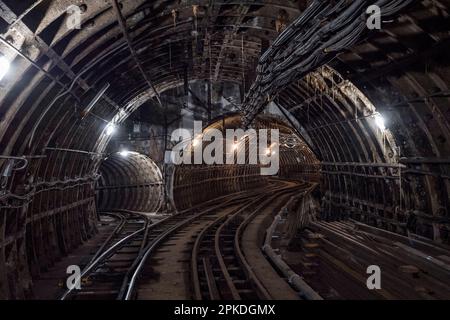 General view of tunnel junction of Mail Rail, the former  Post Office Railway system under the streets of central London, England. Stock Photo