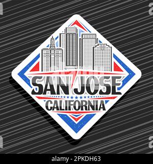 Vector logo for San Jose, white rhombus road sign with line illustration of modern californian city scape on day sky background, decorative refrigerat Stock Vector