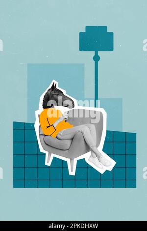 Creative collage of headless horse girl lying cozy armchair use phone anonymous vpn account disguise isolated on blue plaid background Stock Photo