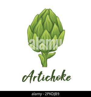 Vector cartoon clipart of hand drawn artichokes with ink splashes. Sketch illustration of cabbage healthy vegetables with hatching and lettering. Stock Vector