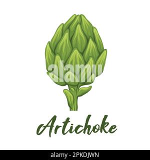 Vector cartoon clipart of hand drawn artichokes with ink splashes. Sketch illustration of cabbage healthy vegetables with hatching and lettering. Natu Stock Vector