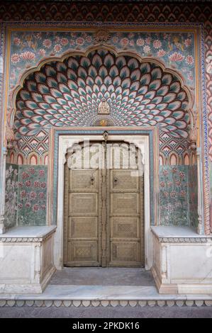 The Southeast Lotus Gate in Pritam Niwas Chowk, It is the inner courtyard, which provides access to the Chandra Mahal, City Palace, Jaipur, Rajasthan, Stock Photo