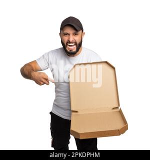 Young bearded man smiling while posing with open pizza box isolated over white background. Can be used to represent your product. Stock Photo