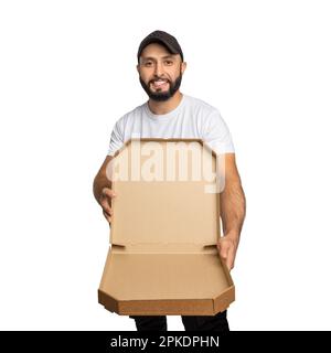 Young bearded man smiling while posing with open pizza box isolated over white background. Can be used to represent your product. Stock Photo