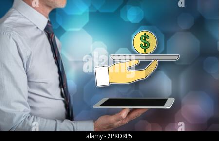 Personal loan concept above a tablet held by a man Stock Photo