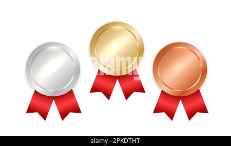 Blank medals. Empty gold silver bronze medal set. Vector metal winner symbols Stock Vector