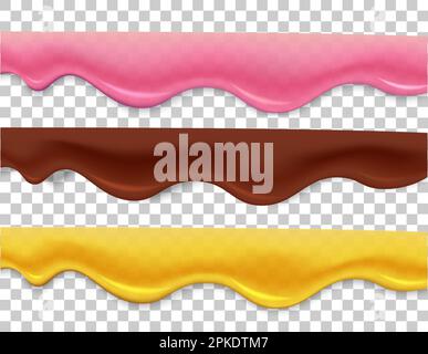 Dripping melted chocolate caramel borders. Glossy liquid jam. Vector realistic topping. Stock Vector
