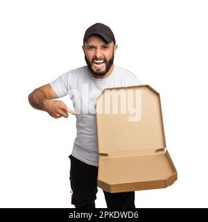 Young bearded man aggressively demonstrates a pizza box isolated over white background. Can be used to represent your product. Stock Photo