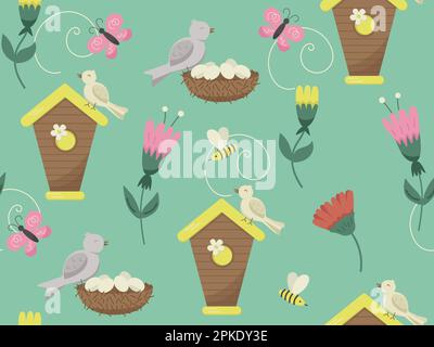 Cute bird houses and flowers background. Vector cartoon seamless pattern with bird houses and nests. Stock Vector