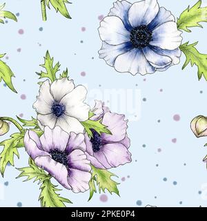 Anemone background. Watercolor seamless pattern with anemone flowers. A bouquet of anemones. Design for textiles, packaging and wallpaper. Blue Stock Photo