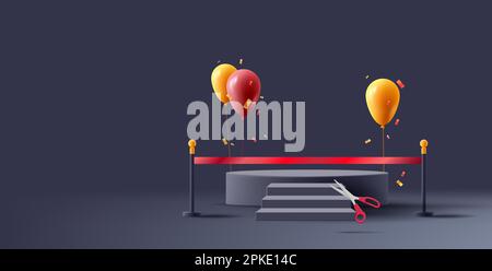 Grand opening event 3d black composition with red ribbon with scissors and pedestal for product placement and red and yellow balloons Stock Vector