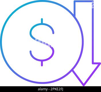 Coin with down arrow, money interest rate reduction gradient lineal icon. Finance, payment, invest finance symbol design. Stock Vector