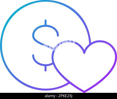 Coin with heart, giving a love, charity, donation gradient lineal icon. Finance, payment, invest finance symbol design. Stock Vector