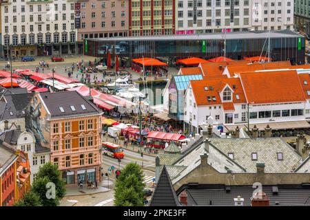 Bergen, Norway - July 30, 2018: Aerial cityscape view with fish market in Bryggen Stock Photo