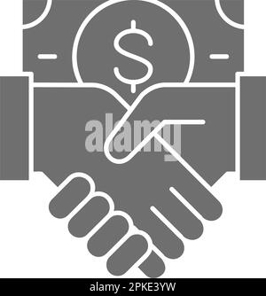 Dollar banknote with handshake, partnership grey fill icon. Cash payment, paper bill, dollar symbol design. Stock Vector