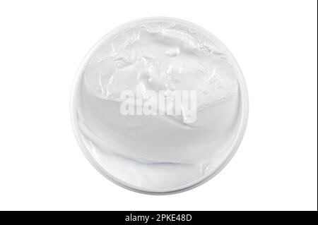 Jar, container with white universal cosmetic cream for face, body with blank clean surface isolated on white, top view Stock Photo