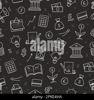 Money, business doodle seamless pattern background. Bank profit, money economy, finance doodle sketch style pattern with coin, megaphone, calculator element. Vector illustration Stock Vector