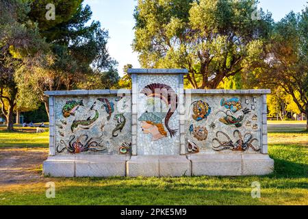 Nice, France - July 30, 2022: Ancient Roman and Greek mosaic marinist decorations at Colline du Chateau Castle Hill at French Riviera Stock Photo