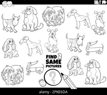 Black and white cartoon illustration of finding two same pictures educational activity with comic purebred dogs characters coloring page Stock Vector