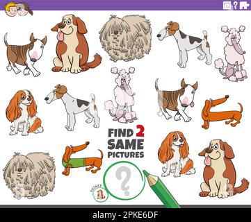Cartoon illustration of finding two same pictures educational activity with comic purebred dogs characters Stock Vector