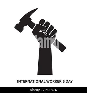 Workers day illustration with a fist holding a hammer on a white background Stock Vector