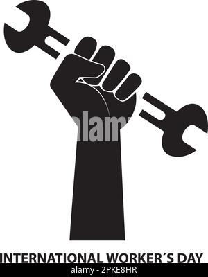 International workers day illustration with a fist holding a  wrench on a white background with copy space Stock Vector