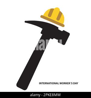 Workers day illustration with hammer and helmet on a white background Stock Vector