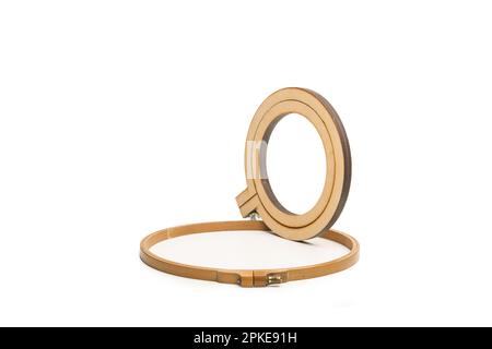 Wooden embroidery frames on a white background with copy space Stock Photo