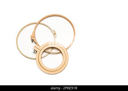 Wooden embroidery frames on a white background with space Stock Photo
