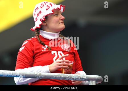 Malmo, Sweden. 07th Apr, 2023. Eleda Stadion, Malmo, Sweden, April7th 2023: Danish supporter ahead of the friendly game on April 7th 2023 between Sweden and Denmark at Eleda Stadion in Malmo, Sweden (Peter Sonander/SPP) Credit: SPP Sport Press Photo. /Alamy Live News Stock Photo