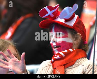 Malmo, Sweden. 07th Apr, 2023. Eleda Stadion, Malmo, Sweden, April7th 2023: Danish supporter ahead of the friendly game on April 7th 2023 between Sweden and Denmark at Eleda Stadion in Malmo, Sweden (Peter Sonander/SPP) Credit: SPP Sport Press Photo. /Alamy Live News Stock Photo