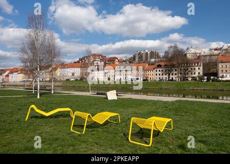 View from the bank of the German town of Görlitz towards the Polish town of Zgorzelec. the river neisse is the border river. Stock Photo