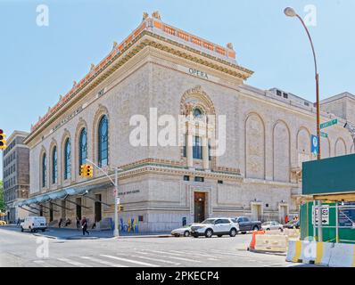 Brooklyn Academy of Music Peter Jay Sharp Building, is a Renaissance Revival style cultural center of brick and polychrome terra cotta. (NW corner) Stock Photo