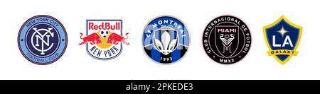 Vinnitsa, Ukraine - January 10, 2023: American football soccer MLS teams logo set Stock Vector