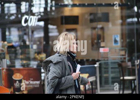 Newcastle upon Tyne, 7th April 2023, Dame Joanna Lumley seen at Newcastle train station, The British actress,  presenter, former model, author. Dame Joanna known for her TV roles as Patsy Stone in The Absolutely Fabulous, Purdey The New Avengers and Sapphire & Steel was visiting Gateshead near Newcastle upon Tyne for an exclusive Q&A about her life and career talking about her book 'A Queen for All Seasons' at the opening of British furniture retailer Barker and Stonehouse opens its new flagship store in Gateshead, Credit:DEW/Alamy Live News Stock Photo